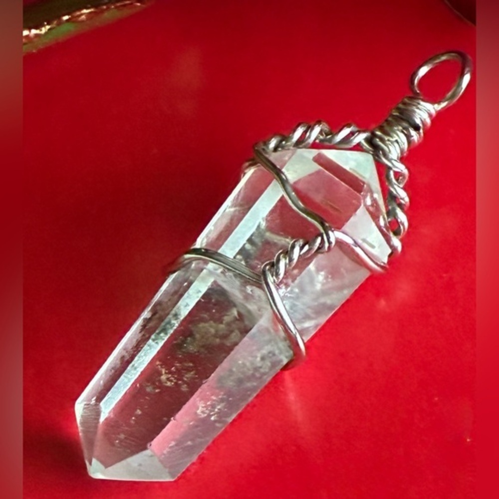 Silver Wrapped Quartz Crystal Pendant Necklace